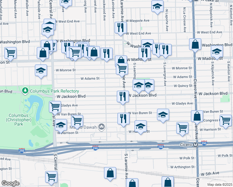 map of restaurants, bars, coffee shops, grocery stores, and more near 5224 West Jackson Boulevard in Chicago