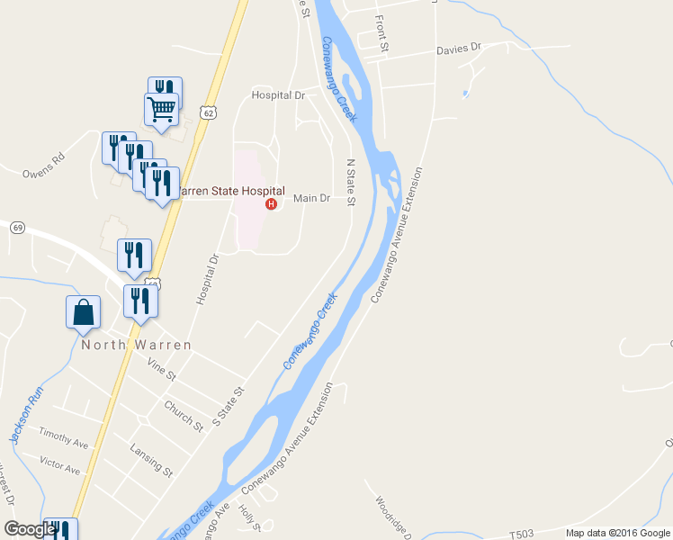 map of restaurants, bars, coffee shops, grocery stores, and more near 66 North State Street in Warren