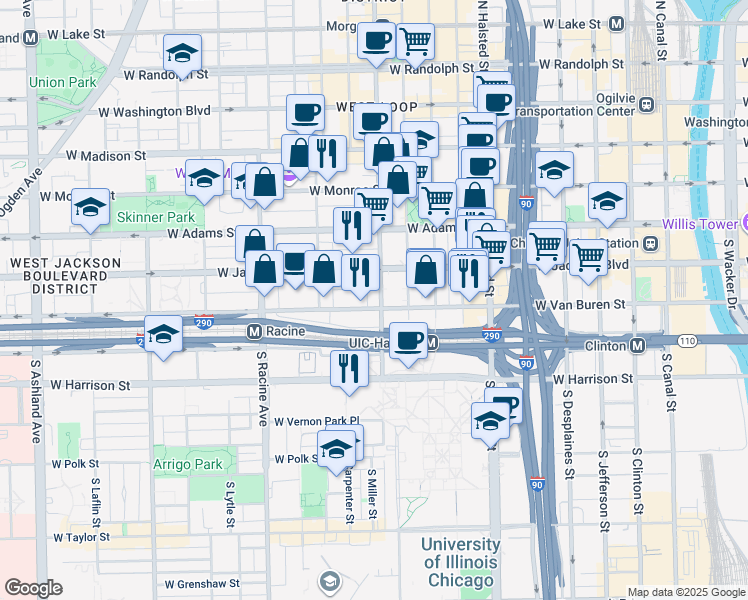 map of restaurants, bars, coffee shops, grocery stores, and more near 1010 West Van Buren Street in Chicago