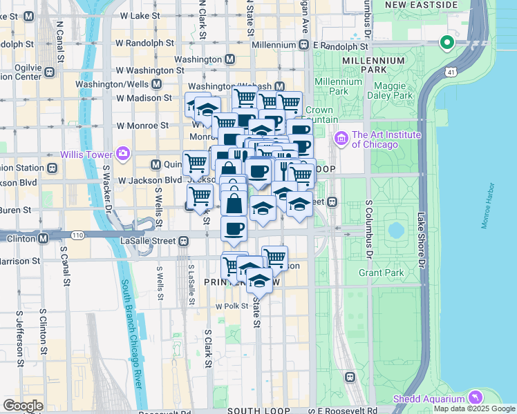 map of restaurants, bars, coffee shops, grocery stores, and more near 208 East Van Buren Street in Chicago