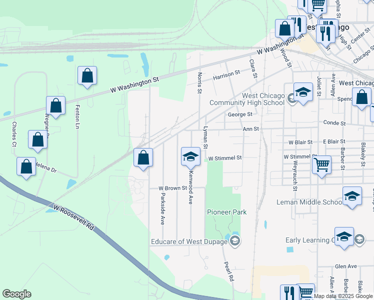 map of restaurants, bars, coffee shops, grocery stores, and more near 511 Lincoln Avenue in West Chicago
