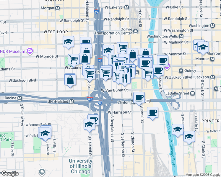 map of restaurants, bars, coffee shops, grocery stores, and more near 700 West Van Buren Street in Chicago