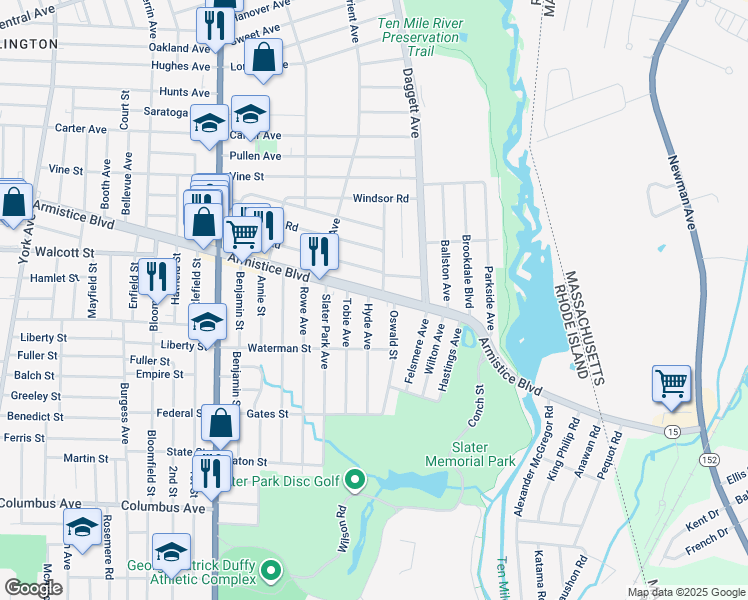 map of restaurants, bars, coffee shops, grocery stores, and more near 4 Hyde Avenue in Pawtucket