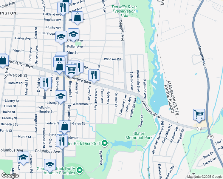 map of restaurants, bars, coffee shops, grocery stores, and more near 4 Hyde Avenue in Pawtucket