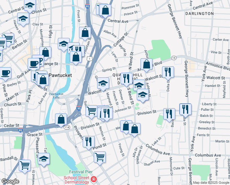 map of restaurants, bars, coffee shops, grocery stores, and more near 79 Denver Street in Pawtucket