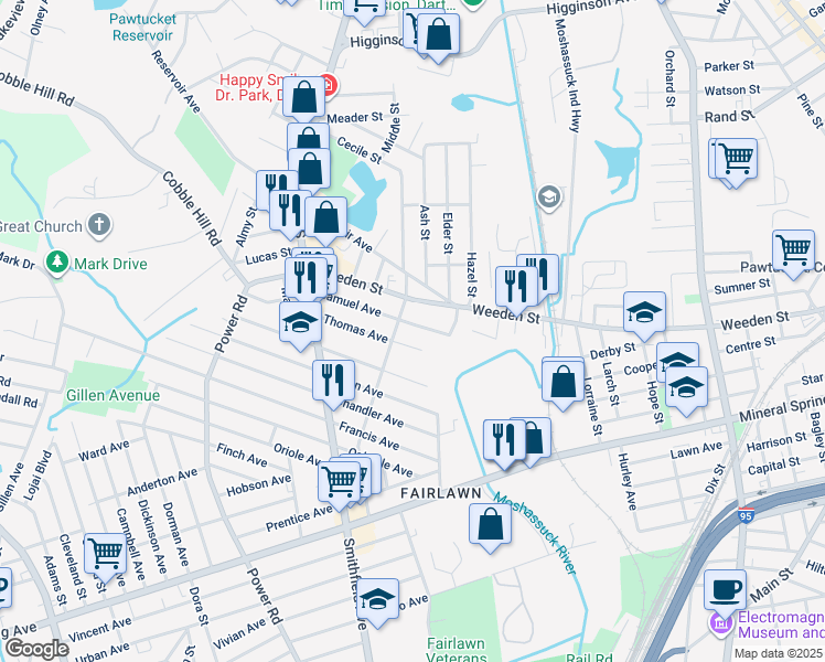 map of restaurants, bars, coffee shops, grocery stores, and more near 45 Samuel Avenue in Pawtucket