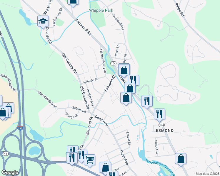 map of restaurants, bars, coffee shops, grocery stores, and more near 1 Maple Avenue in Smithfield
