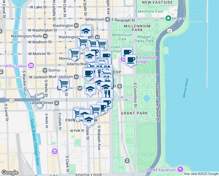 map of restaurants, bars, coffee shops, grocery stores, and more near 401 South Michigan Avenue in Chicago
