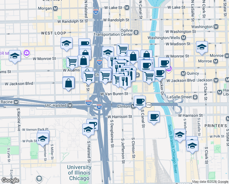 map of restaurants, bars, coffee shops, grocery stores, and more near 102 South Jefferson Street in Chicago