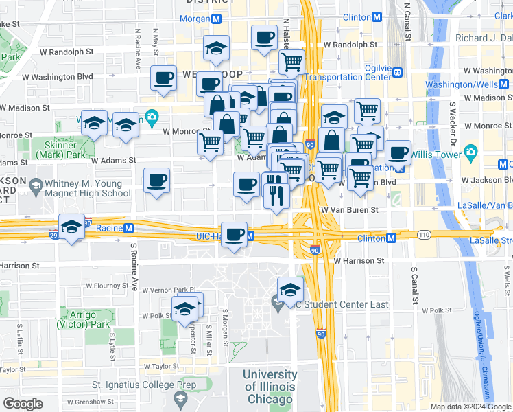 map of restaurants, bars, coffee shops, grocery stores, and more near 329 South Peoria Street in Chicago