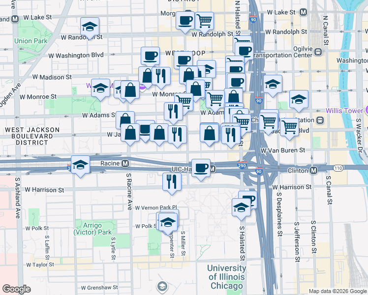 map of restaurants, bars, coffee shops, grocery stores, and more near 1010 West Van Buren Street in Chicago