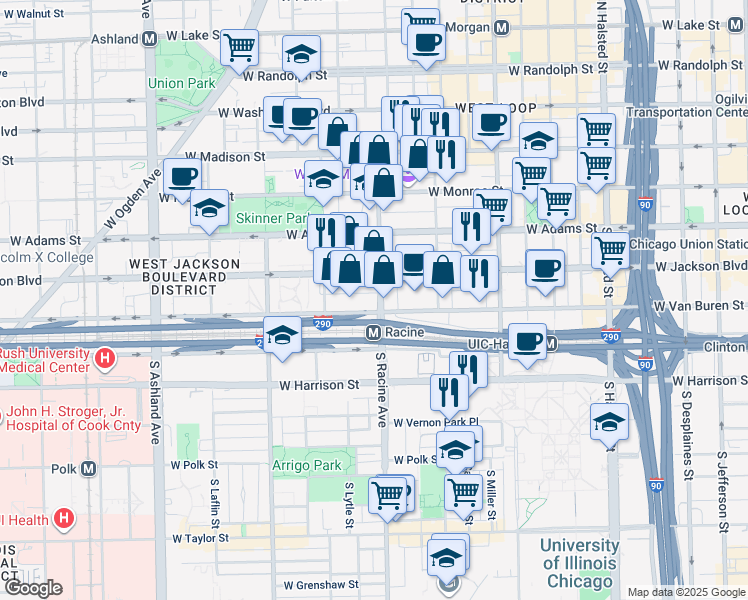 map of restaurants, bars, coffee shops, grocery stores, and more near 324 South Racine Avenue in Chicago