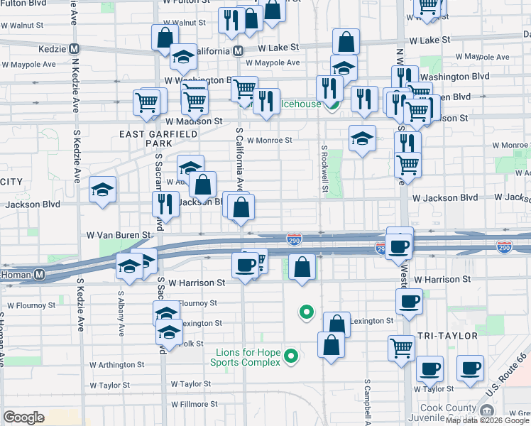 map of restaurants, bars, coffee shops, grocery stores, and more near 2718 West Gladys Avenue in Chicago