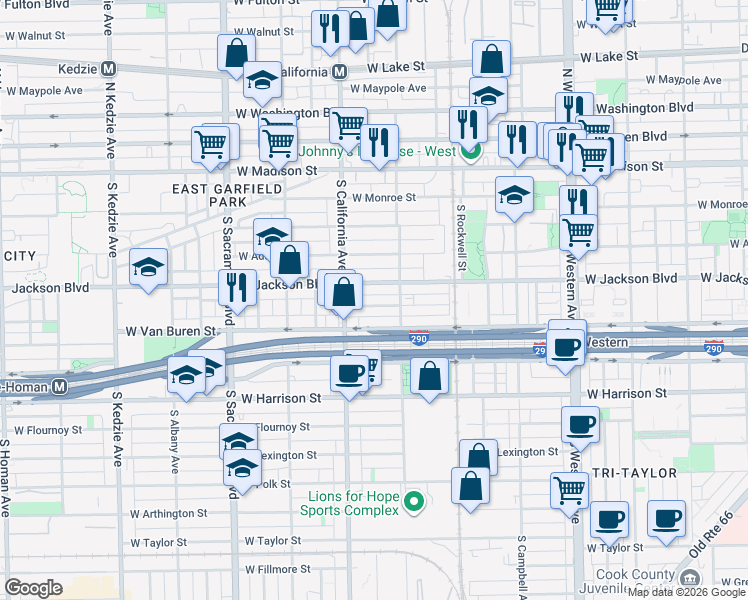 map of restaurants, bars, coffee shops, grocery stores, and more near 2718 West Gladys Avenue in Chicago
