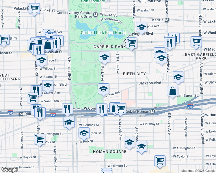 map of restaurants, bars, coffee shops, grocery stores, and more near 3553 West Jackson Boulevard in Chicago