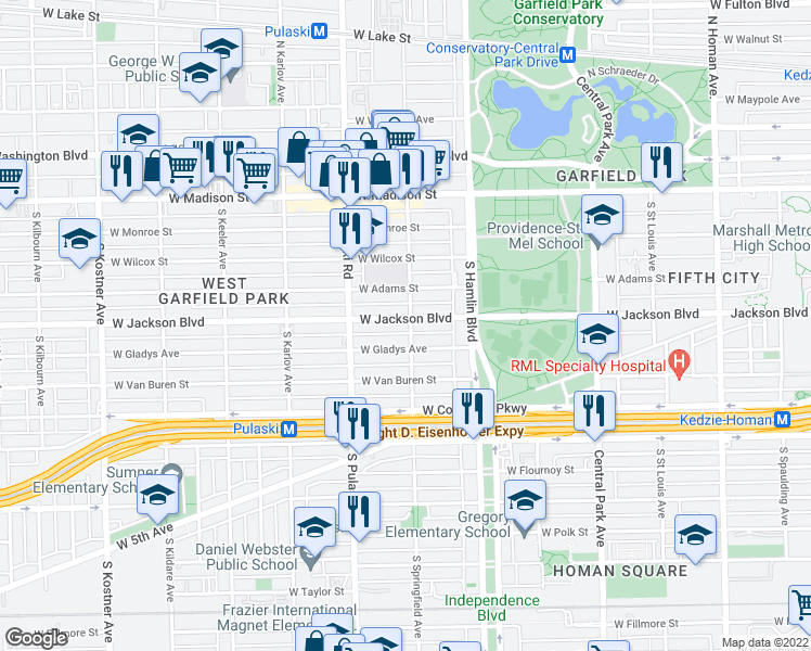 map of restaurants, bars, coffee shops, grocery stores, and more near 301 South Springfield Avenue in Chicago