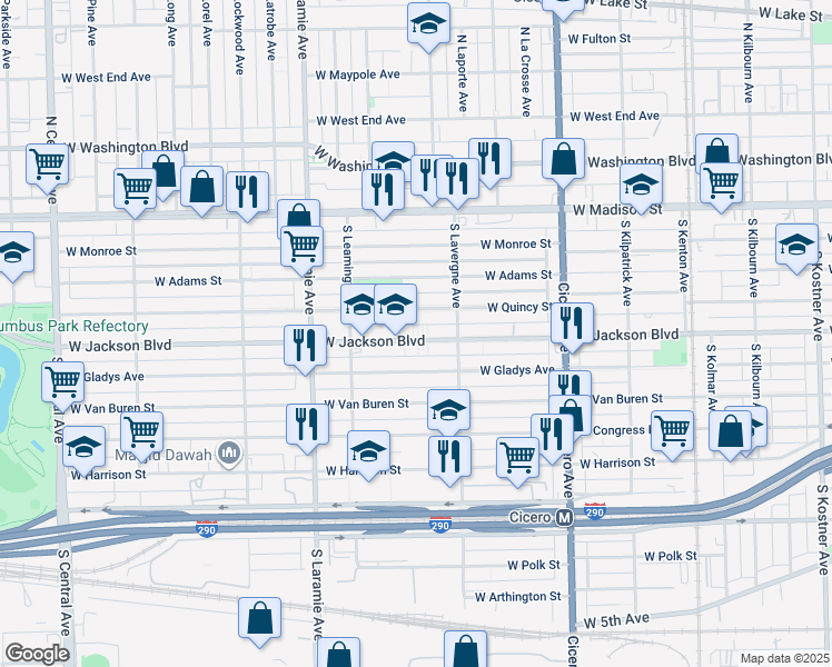 map of restaurants, bars, coffee shops, grocery stores, and more near 5058 West Jackson Boulevard in Chicago