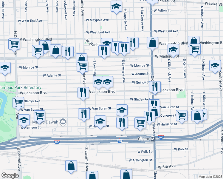 map of restaurants, bars, coffee shops, grocery stores, and more near 5058 West Jackson Boulevard in Chicago
