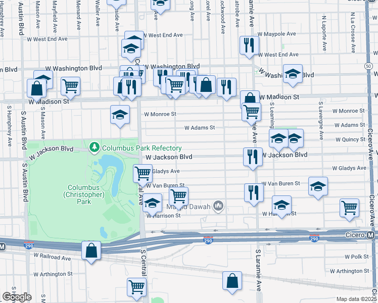 map of restaurants, bars, coffee shops, grocery stores, and more near 5426 West Jackson Boulevard in Chicago