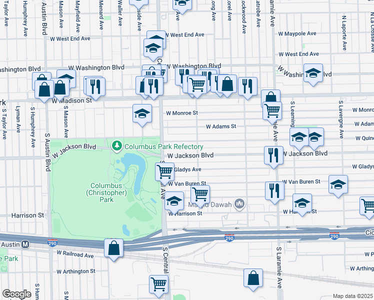 map of restaurants, bars, coffee shops, grocery stores, and more near 5508 West Jackson Boulevard in Chicago