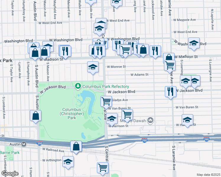 map of restaurants, bars, coffee shops, grocery stores, and more near 5542 West Jackson Boulevard in Chicago