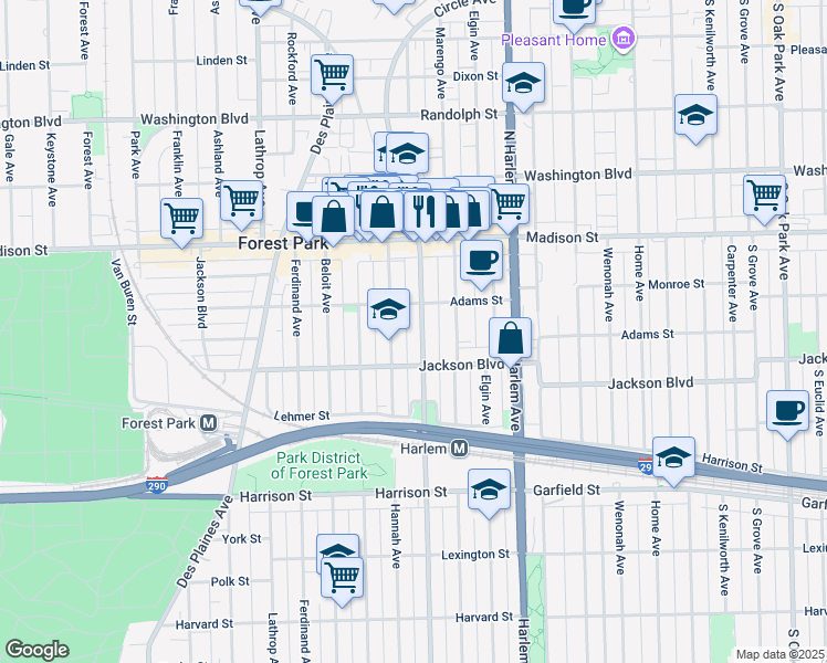 map of restaurants, bars, coffee shops, grocery stores, and more near 517 Circle Avenue in Forest Park