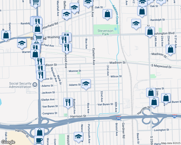 map of restaurants, bars, coffee shops, grocery stores, and more near 3326 Monroe Street in Bellwood
