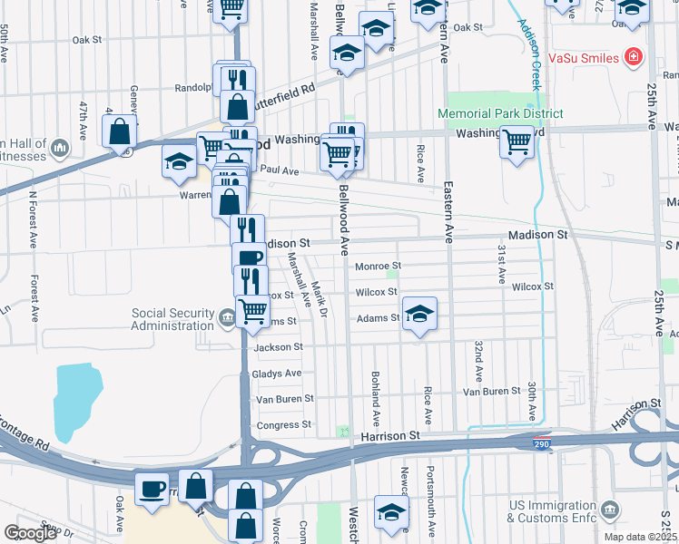 map of restaurants, bars, coffee shops, grocery stores, and more near 3716 Monroe Street in Bellwood