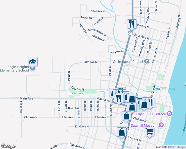 map of restaurants, bars, coffee shops, grocery stores, and more near 2604 North 4th Street in Clinton