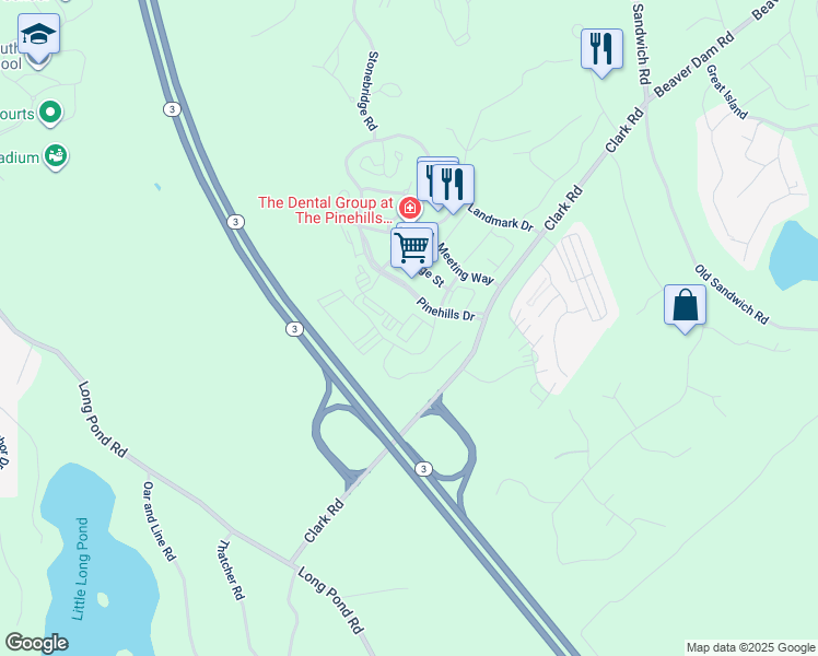 map of restaurants, bars, coffee shops, grocery stores, and more near 30 Pinehills Drive in Plymouth