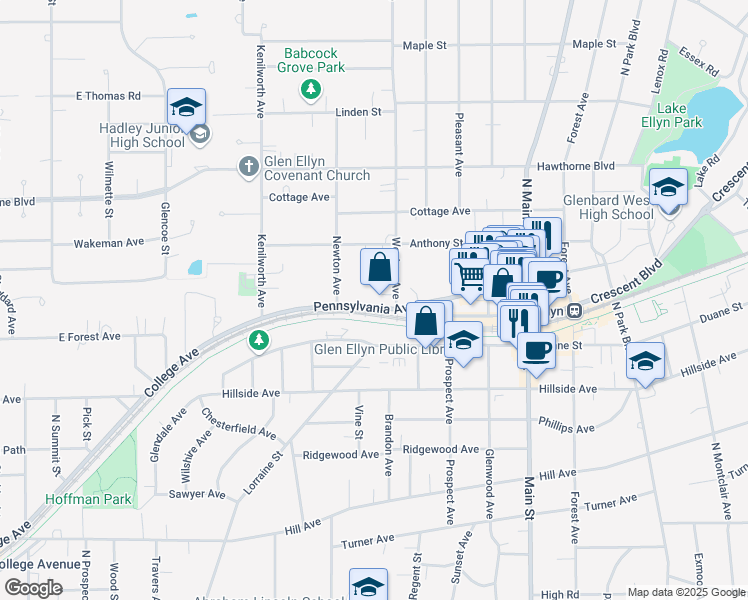 map of restaurants, bars, coffee shops, grocery stores, and more near 364 Pennsylvania Avenue in Glen Ellyn