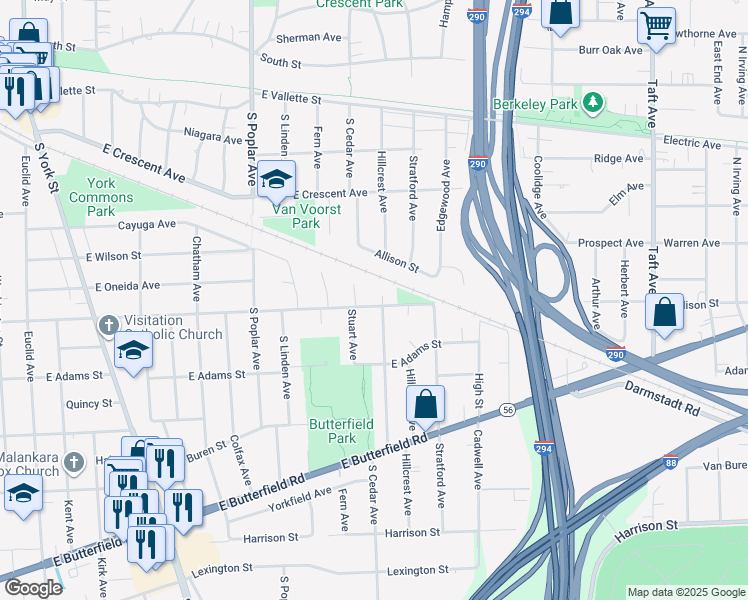 map of restaurants, bars, coffee shops, grocery stores, and more near 739 Stuart Court in Elmhurst