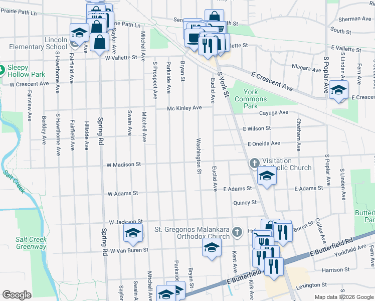 map of restaurants, bars, coffee shops, grocery stores, and more near 731 Bryan Street in Elmhurst
