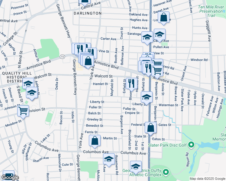 map of restaurants, bars, coffee shops, grocery stores, and more near 34 Mayfield Street in Pawtucket