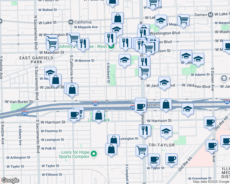 map of restaurants, bars, coffee shops, grocery stores, and more near 320 South Maplewood Avenue in Chicago