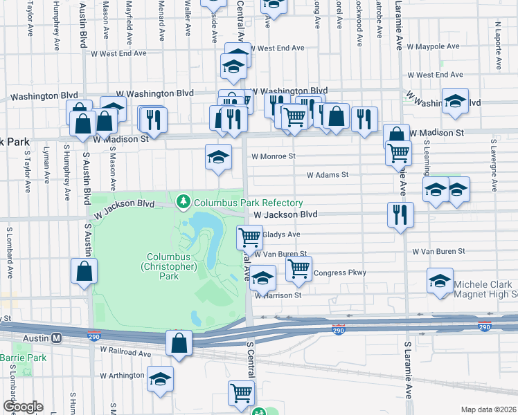 map of restaurants, bars, coffee shops, grocery stores, and more near 5542 West Jackson Boulevard in Chicago