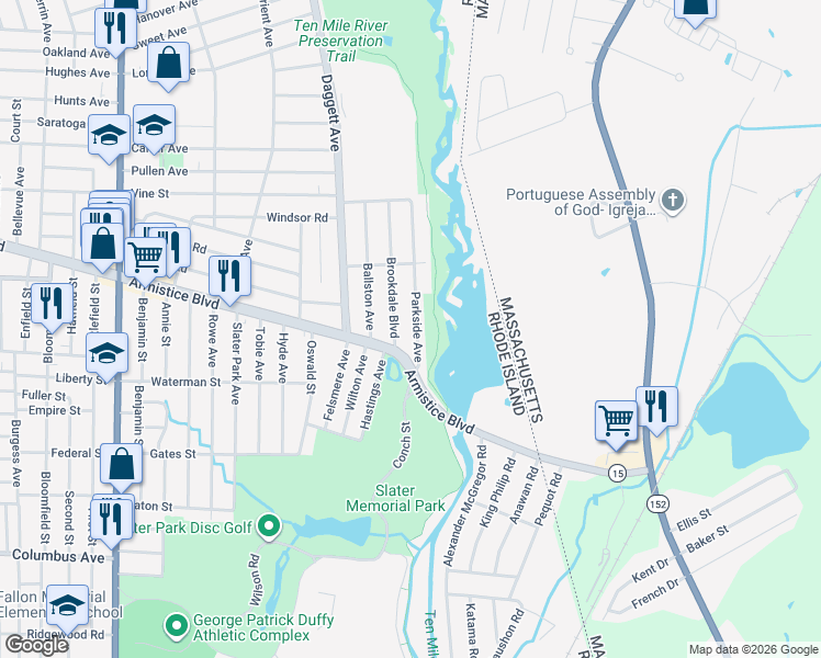 map of restaurants, bars, coffee shops, grocery stores, and more near 64 Parkside Avenue in Pawtucket