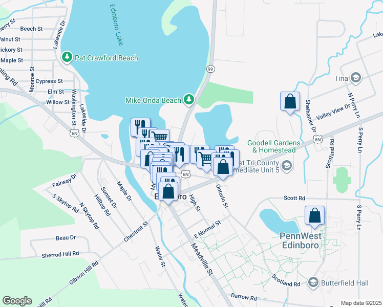 map of restaurants, bars, coffee shops, grocery stores, and more near 100 Cove Dr in Edinboro