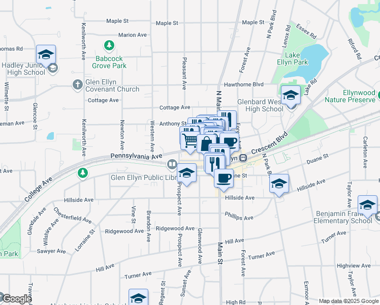 map of restaurants, bars, coffee shops, grocery stores, and more near 475 Pennsylvania Avenue in Glen Ellyn