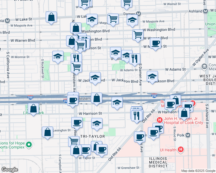 map of restaurants, bars, coffee shops, grocery stores, and more near 321 South Leavitt Street in Chicago