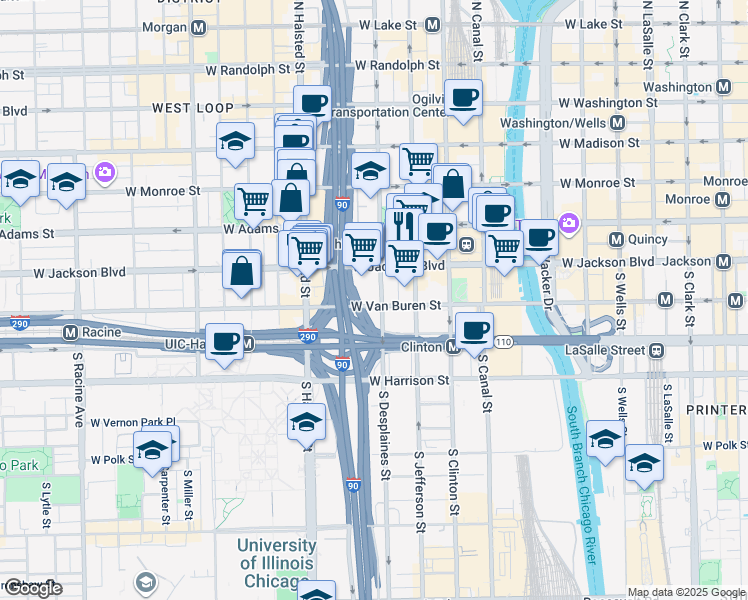 map of restaurants, bars, coffee shops, grocery stores, and more near 700 West Van Buren Street in Chicago