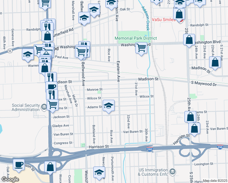 map of restaurants, bars, coffee shops, grocery stores, and more near 3326 Monroe Street in Bellwood