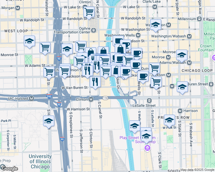 map of restaurants, bars, coffee shops, grocery stores, and more near 420 West Van Buren Street in Chicago