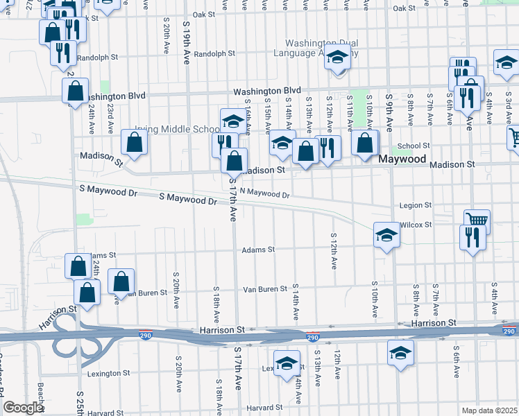 map of restaurants, bars, coffee shops, grocery stores, and more near 1201 S 16th Ave in Maywood