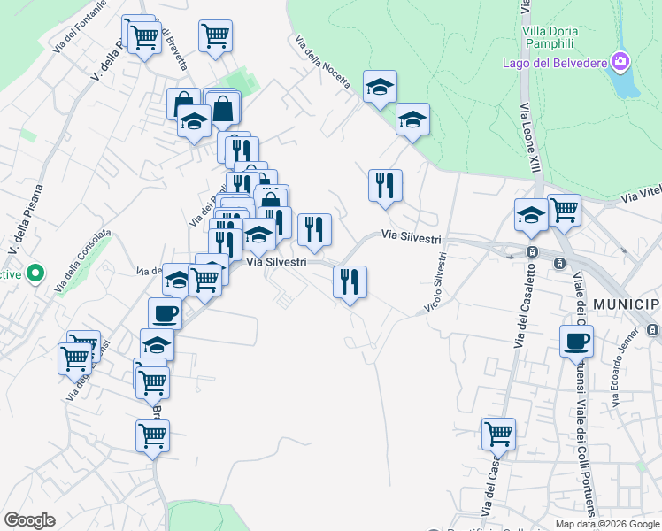 map of restaurants, bars, coffee shops, grocery stores, and more near 219 Via Silvestri in Roma