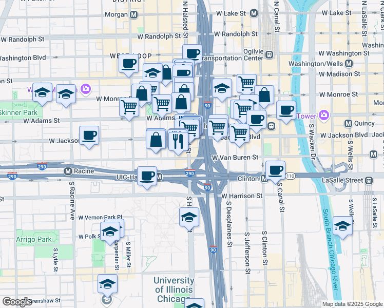 map of restaurants, bars, coffee shops, grocery stores, and more near 333 South Halsted Street in Chicago
