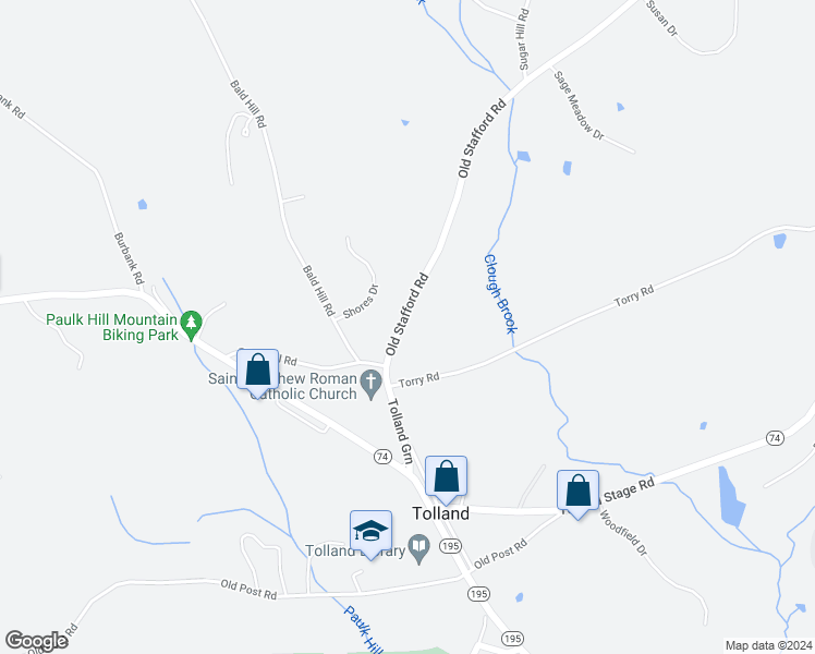 map of restaurants, bars, coffee shops, grocery stores, and more near 20 Old Stafford Road in Tolland