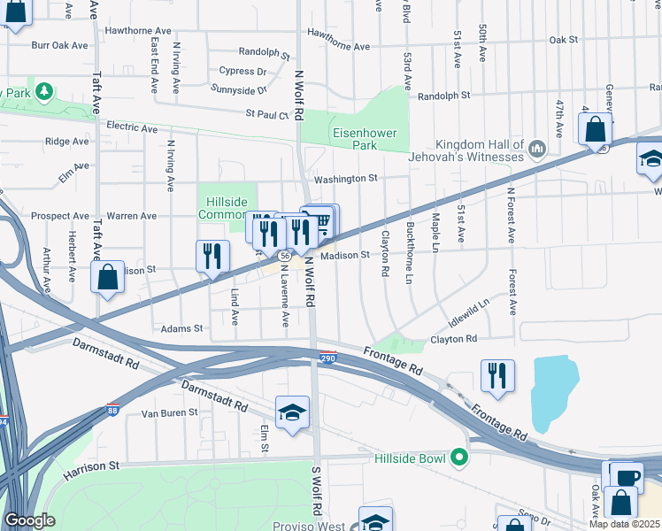 map of restaurants, bars, coffee shops, grocery stores, and more near 342 Iroquois Road in Hillside