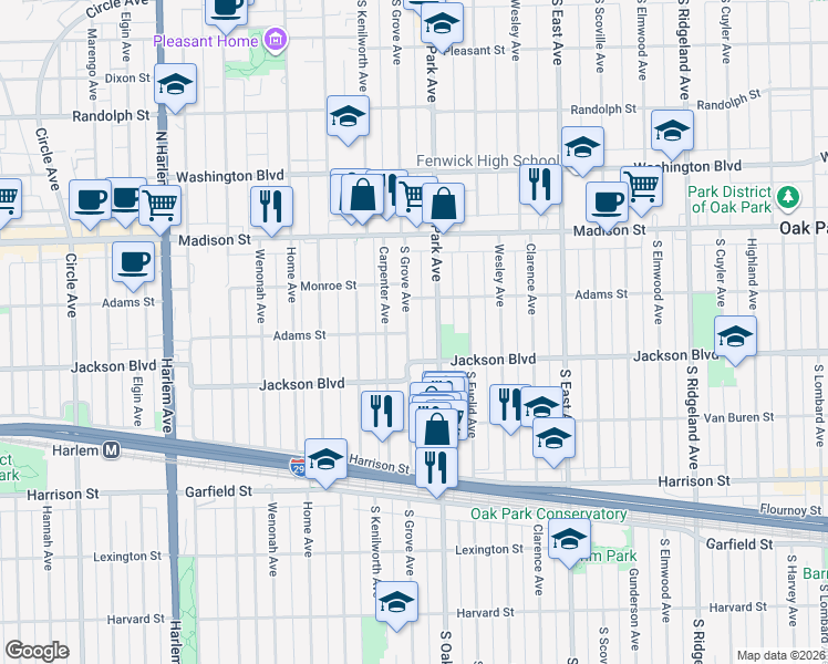 map of restaurants, bars, coffee shops, grocery stores, and more near 624 South Grove Avenue in Oak Park