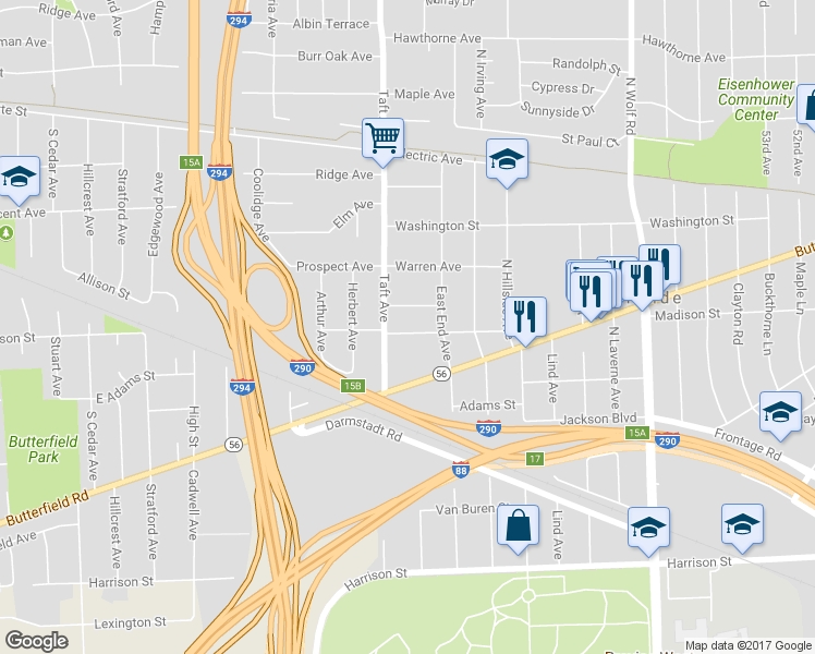 map of restaurants, bars, coffee shops, grocery stores, and more near 5156 Madison Street in Hillside